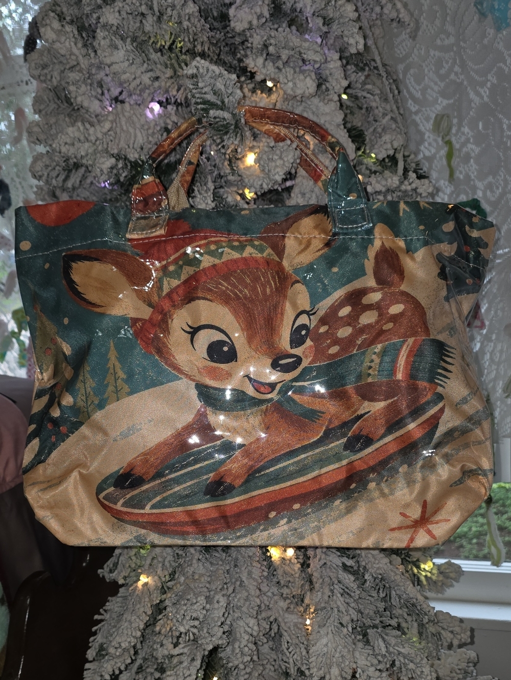 Vintage-Inspired Rudolph Tote Bag in Teal and Brown Christmas Holiday Bag Gift